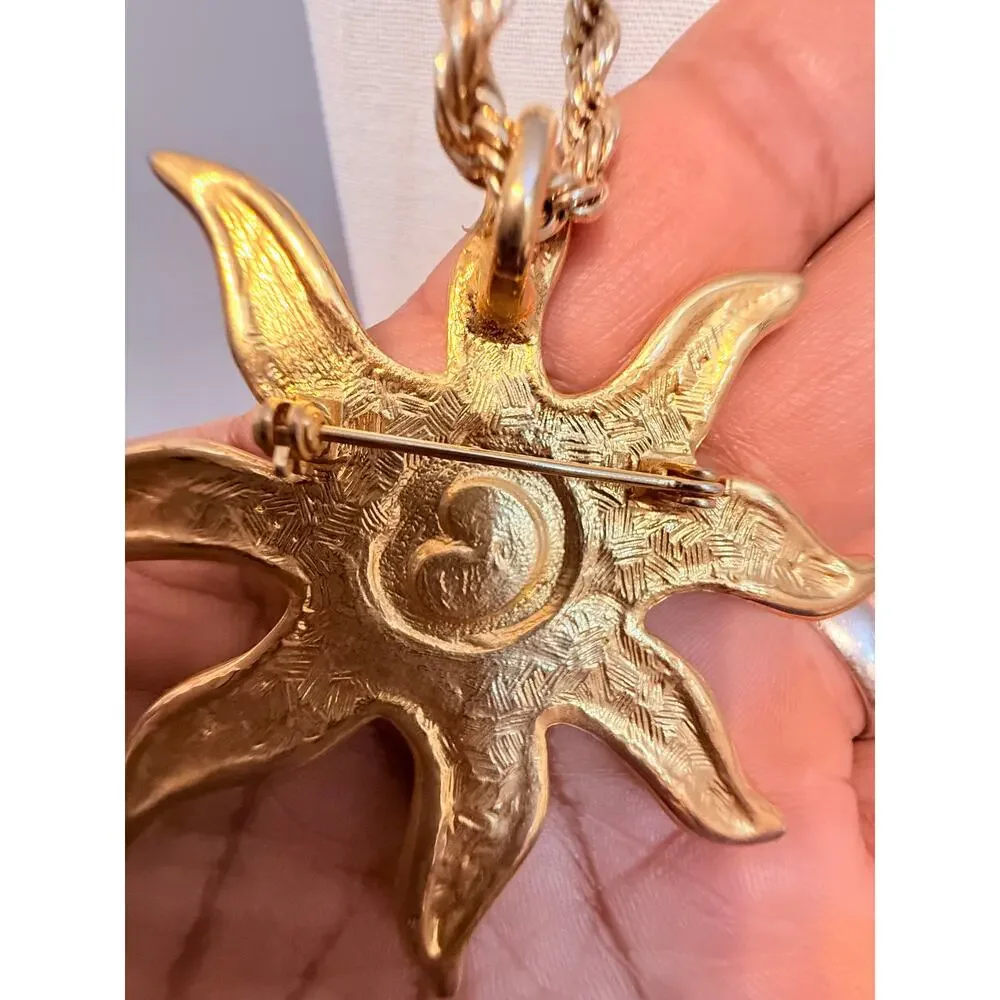 Vintage Sun Pendant Necklace Gold Tone 30” Boho